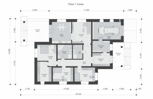 Одноэтажный дом с гаражом, террасой и облицовкой кирпичем